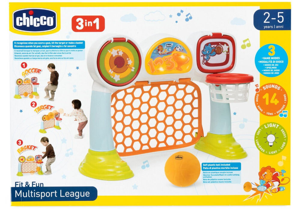 Zabawka interaktywna CHICCO Fit&Fun Liga Multisportowa 00009811000000 dobra na prezent dla rodziców poszukujących edukacyjnej,
interaktywnej i bezpiecznej zabawki sportowej, która wspiera rozwój dziecka na wielu poziomach