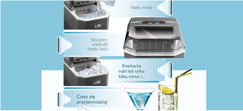 KOSTKARKA LIN ICE G9 SZARA kostkarka Automatyczna produkcja kostki lodu elastyczność dostosowanie wielkości 12 kg dziennie