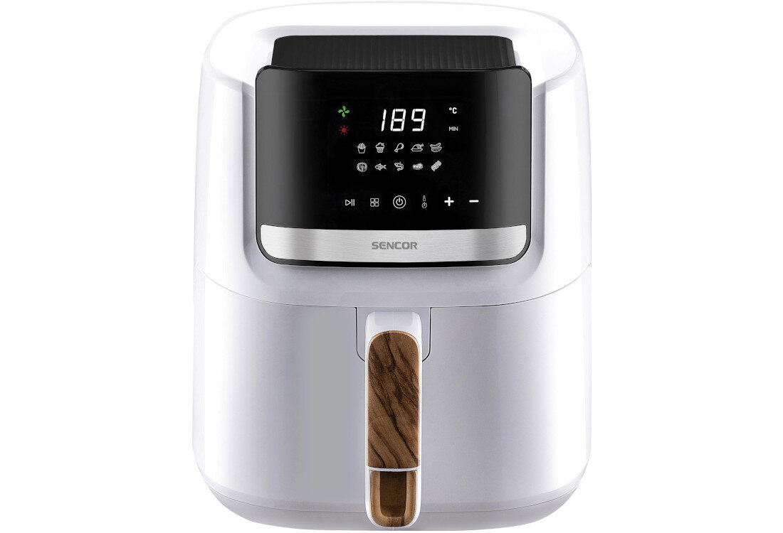 Air Fryer Frytkownica beztłuszczowa SENCOR Vita SFR 6551WH z termoobiegiem i 10 gotowymi programami Bezpieczne w każdej kuchni Konstrukcja chłodna w dotyku funkcja automatycznego wyłączania komfort i bezpieczeństwo Wyjmowany kosz z powłoką zapobiegającą przywieraniu Biały kolor z drewnianymi detalami  kolorystyka