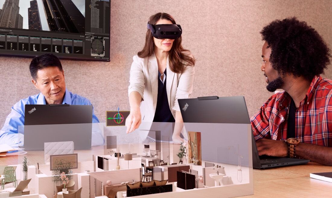 Team architektów pracujący z laptopami Lenovo ThinkPad i technologią VR przy makiecie budynku, projektowanie w rzeczywistości rozszerzonej -  Pamięć LPCAMM2 LPDDR5x 