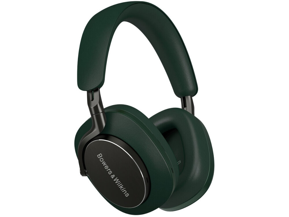 Zielone słuchawki nauszne z widocznym logo \'Bowers & Wilkins\' na nauszniku. Słuchawki mają miękkie poduszki i regulowany pałąk.