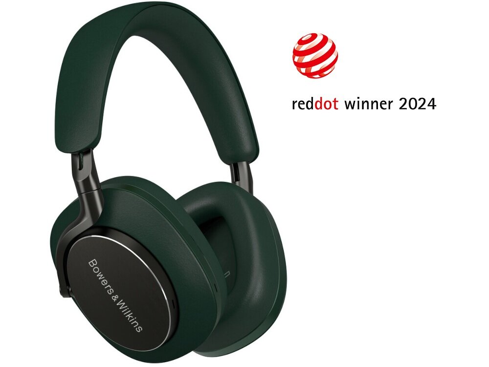 Zielone słuchawki nauszne z napisem \'Bowers & Wilkins\' na nauszniku. Obok widoczne logo i tekst \'reddot winner 2024\'.