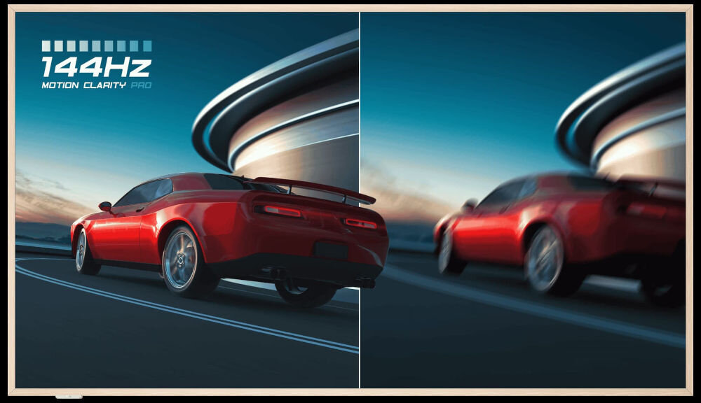 Telewizor TCL 55A300W NXTVision 55 QLED 4K 144Hz Google TV częstotliwość odświeżania pełnia detali - porównanie odświeżania 144Hz i niższego