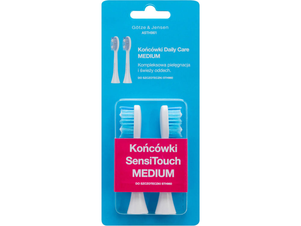 Opakowanie z dwiema końcówkami szczoteczki do zębów na niebieskim tle. Widoczny tekst: \'Götze & Jensen ASTH961\', \'Końcówki Daily Care MEDIUM\', \'Kompleksowa pielęgnacja i świeży oddech\', \'DO SZCZOTECZKI STH960\', \'Końcówki SensiTouch MEDIUM\'.