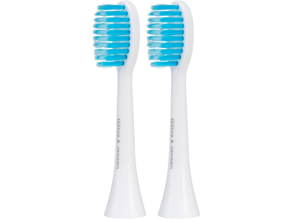 Końcówki GÖTZE & JENSEN ASTH962 SensiTouch MEDIUM do szczoteczki STH960 Dwie białe końcówki do szczoteczki sonicznej Götze & Jensen z niebieskim włosiem, pokazane z profilu na białym tle. Na dolnej części trzonków widnieje szary logotyp marki.