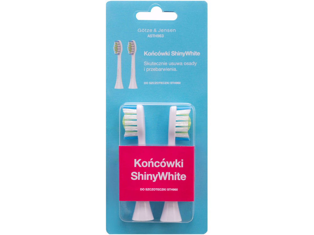 Końcówki GÖTZE & JENSEN ASTH963 ShinyWhite Końcówki ShinyWhite Götze & Jensen ASTH963 zapakowane w oryginalny niebieski blister z różową etykietą. Opakowanie zawiera informację, że produkt skutecznie usuwa osady i jest przeznaczony do modelu szczoteczki STH960.