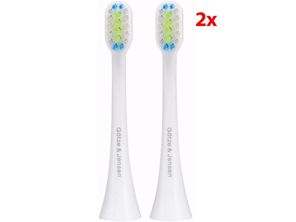 Końcówki GÖTZE & JENSEN ASTH966 Daily Care SMALL Widok od strony włosia na dwie końcówki do szczoteczki sonicznej Götze & Jensen. W prawym górnym rogu znajduje się czerwone oznaczenie 2x, informujące o liczbie sztuk w opakowaniu.