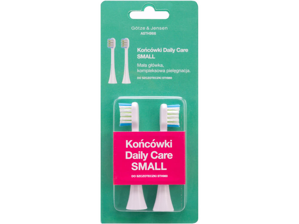 Końcówki GÖTZE & JENSEN ASTH966 Daily Care SMALL Opakowanie typu blister zawierające dwie końcówki SensiTouch SMALL do szczoteczki sonicznej Götze & Jensen STH960. Turkusowa szata graficzna zawiera białe napisy informujące o małej główce i delikatnym czyszczeniu, uzupełnione różowym paskiem z nazwą modelu.