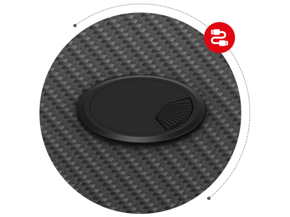 Biurko gamingowe HUZARO Hero 4.8 Czarny prezentacja wlotu na kable porządek czysty zorganizowany blat komfort