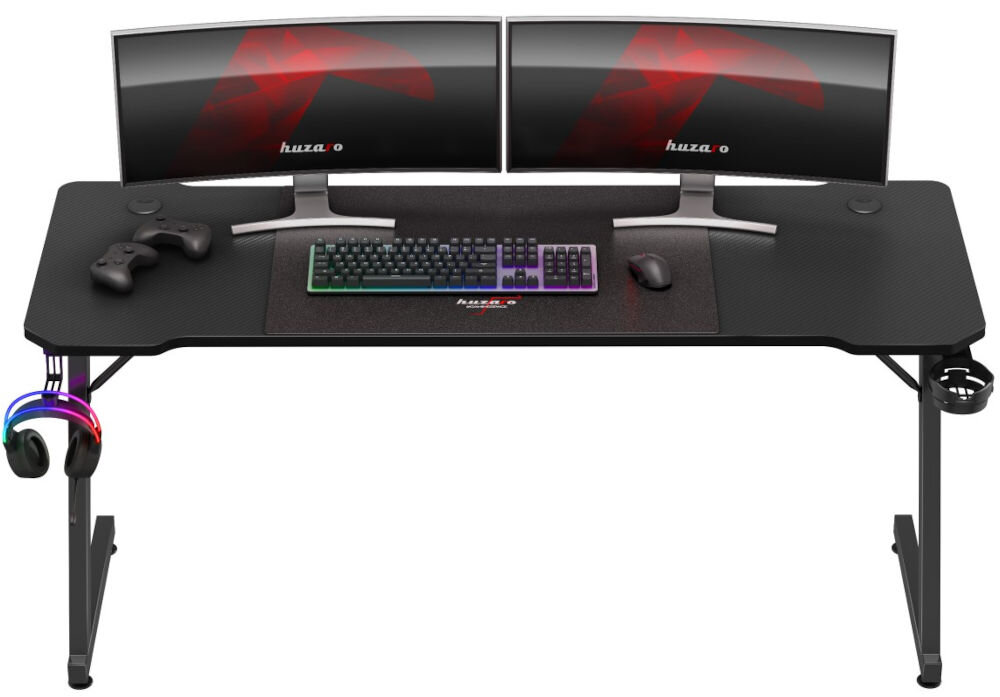 Biurko gamingowe HUZARO Hero 4.8 Czarny prezentacja biurka z akcesoriami na białym tle blat długość 160 cm komfortowe rozstawienie sprzętu brak uczucia zagracenia gracz streamer praca