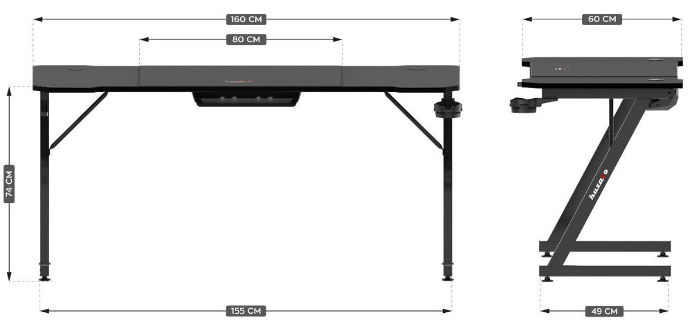 Biurko gamingowe HUZARO Hero 4.8 Czarny prezentacja biurka od przodu i boku oraz jego wymiarów na białym tle wysokość 74 cm podstawa 136 x 49 cm głębokość 60 cm środkowa część szerokości 80 cm swobodne rozstawienie akcesoriów całkowita szerokość 160 cm