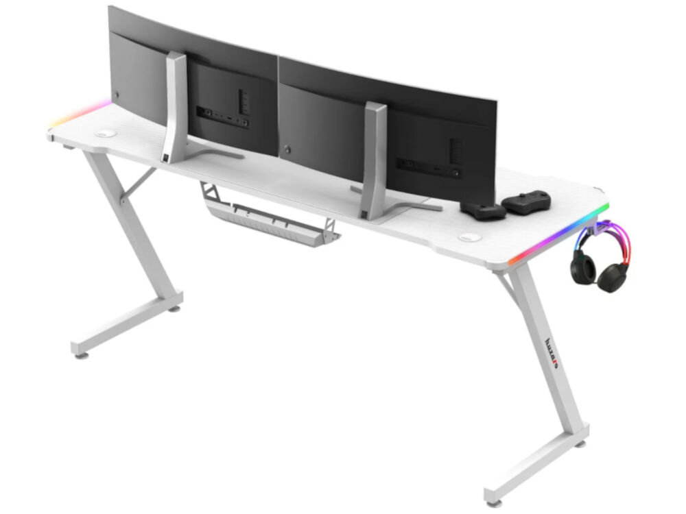 Biurko gamingowe HUZARO Hero 4.8 RGB Biały prezentacja biurka od tyłu i regulowanych nóg na białym tle wyrównanie biurka na nierównej powierzchni stabilność mocna konstrukcja komfort