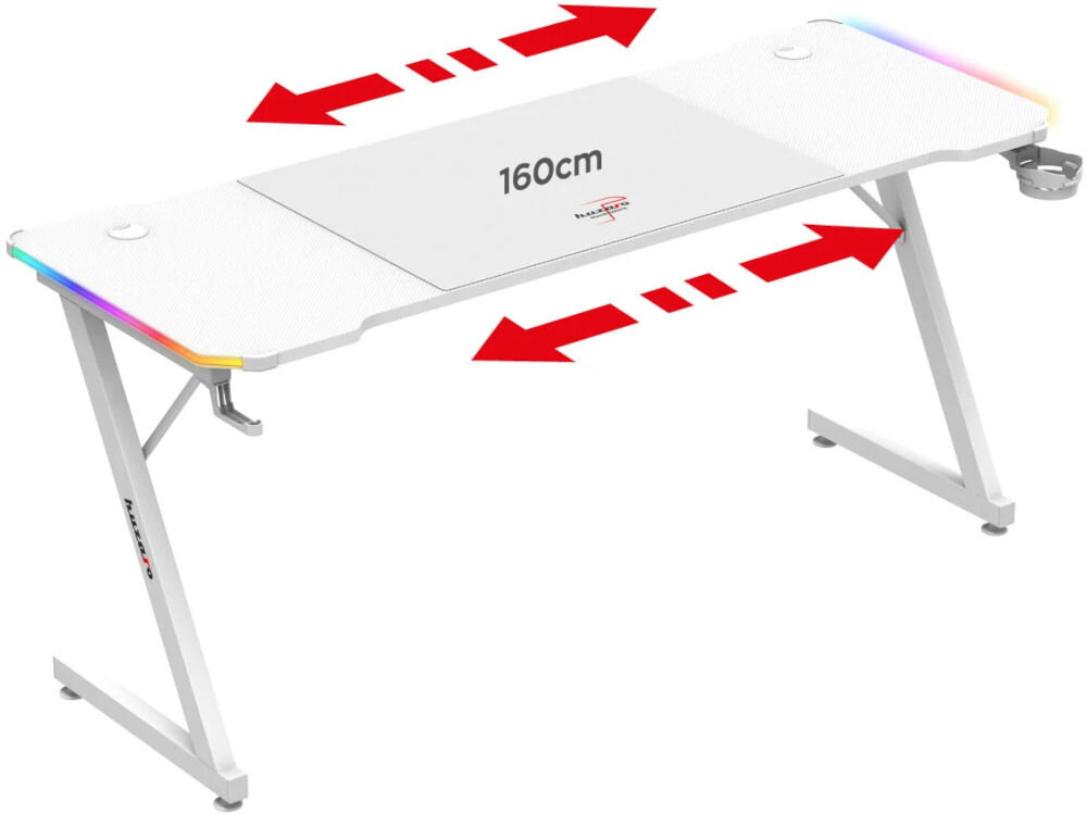 Biurko gamingowe HUZARO Hero 4.8 RGB Biały prezentacja biurka na białym tle napis na blacie 160 cm szerokość zaokrąglone rogi ergonomiczne wcięcie bezpieczeństwo