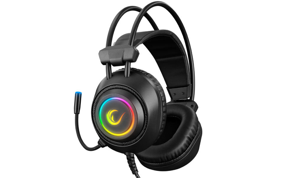 RAMPAGE RM-K19 Przewodowe słuchawki gamingowe z mikrofonem, nauszne, RGB, USB, czarne wyjątkowe wrażenia dźwiękowe technologia dźwięku przestrzennego 7.1 najdrobniejsze detale w grze wysoka rozdzielczość dźwięku przewaga w grach FPS i RPG kabel o długości 2,2 m wytrzymały oplot precyzja realizm