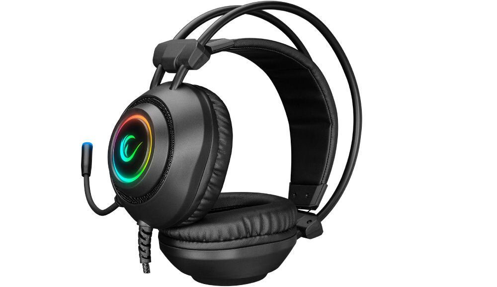 RAMPAGE RM-K19 Przewodowe słuchawki gamingowe z mikrofonem, nauszne, RGB, USB, czarne dynamiczne podświetlenie RGB dostosowanie efektów świetlnych kolorowe akcenty dodatek estetyczny wyróżnienie w środowisku gamingowym