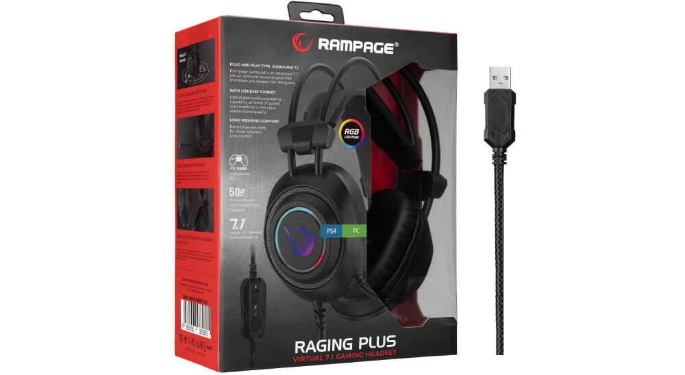 RAMPAGE RM-K19 Przewodowe słuchawki gamingowe z mikrofonem, nauszne, RGB, USB, czarne wszechstronność połaczenie USB-A stabilny przesył danych dynamiczne gry prosta instalacja plug-and-play bez instalowania dodatkowego oprogramowania dla osób ceniących prostotę efektywność działania