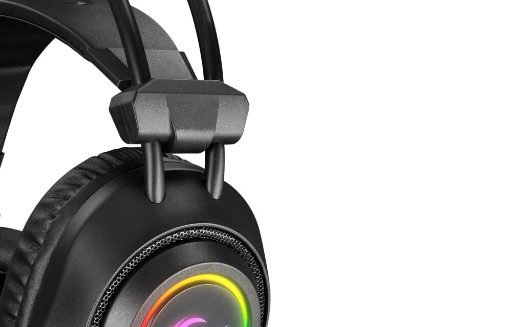 RAMPAGE RM-K19 Przewodowe słuchawki gamingowe z mikrofonem, nauszne, RGB, USB, czarne regulowany pałąk dopasowanie do kazdego użytkownika płynny trwały mechanizm regulacji komfort dobre dopasowanie słuchawek zwiększona stabilność optymalny komfort użytkowania
