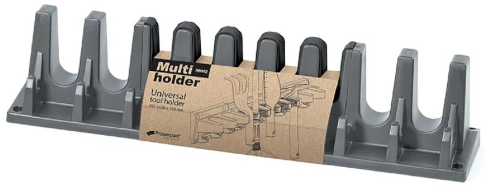 Wieszak narzędziowy PROSPERPLAST Multi Holder IWN2-405U wieszak na białym tle otwory na kołki montażowe pewne przytwierdzenie do ściany wymiary 597 x 128 x 118 mm waga 0,55 kg