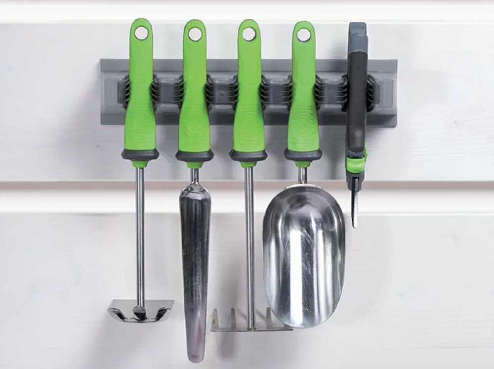 Wieszak narzędziowy PROSPERPLAST Multi Holder IWN1-405U wieszak na ścianie na wieszaku narzędzia otwory na kołki montażowe pewne przytwierdzenie do ściany wymiary 310 x 98 x 70 mm waga 0,27 kg