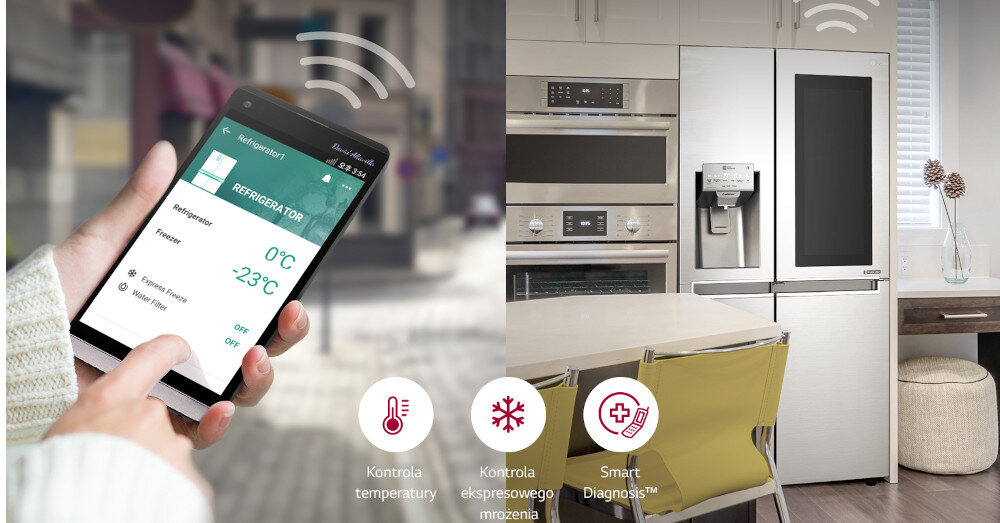 LODÓWKA LG GMV960NNME Aplikacja zdalne sterowanie funkcje telefon smartfon tablet powiadomienie alarm