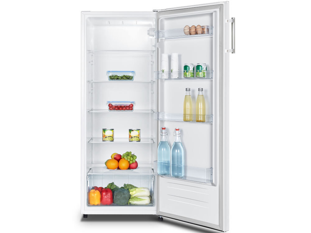 Lodówka HISENSE RL313D4AW1 143.4cm Biała otwarta lodówka półki szuflada żywność w środku białe tło  klasa efektywności energetycznej F roczne zużycie na poziomie 130 kWh wydajność chłodzenia oszczędność energii 