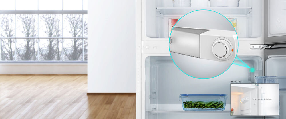 Lodówka HISENSE RL313D4AW1 143.4cm Biała  zbliżenie na mechanizm sterowania pokrętło w środku urządzenia energooszczędne oświetlenie LED oświetla wnętrze mniejsze zużycie energii Możliwość zmiany kierunku otwierania drzwi elastyczność przy aranżacji kuchni mechaniczne sterowanie precyzyjne ustawienie temperatury