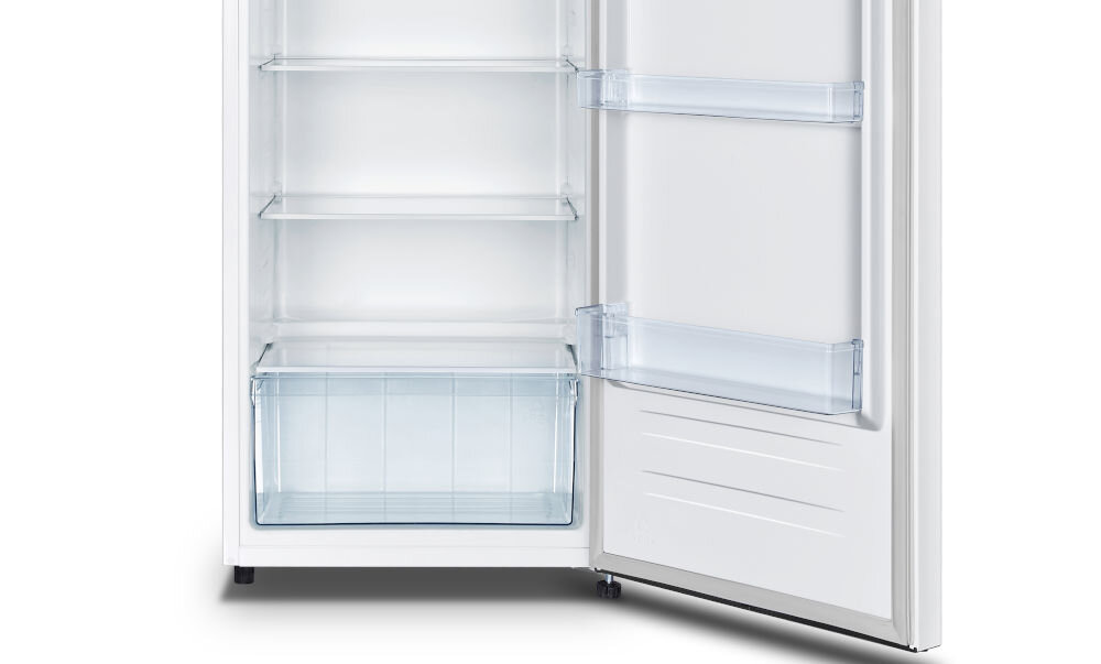 Lodówka HISENSE RL313D4AW1 143.4cm Biała zbliżenie na dolną część lodówki nóżki półki białe tło  hałas jedynie 40 dB pracuje cicho nie zakłóca domowego spokoju regulowane nóżki stabilne ustawienie  