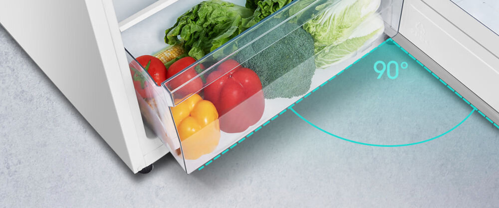 Lodówka HISENSE RL313D4AW1 143.4cm Biała szuflada warzywa w szufladzie biała lodówka nóżki jasne tło specjalna szuflada do przechowywania warzyw i owoców odpowiednio zaprojektowany system wilgotności świeżość, chrupkość wartości odżywcze świeże produkty drzwi otwierają się pod kątem 90 stopni ułatwiony dostęp do wnętrza w ciasnych przestrzeniach