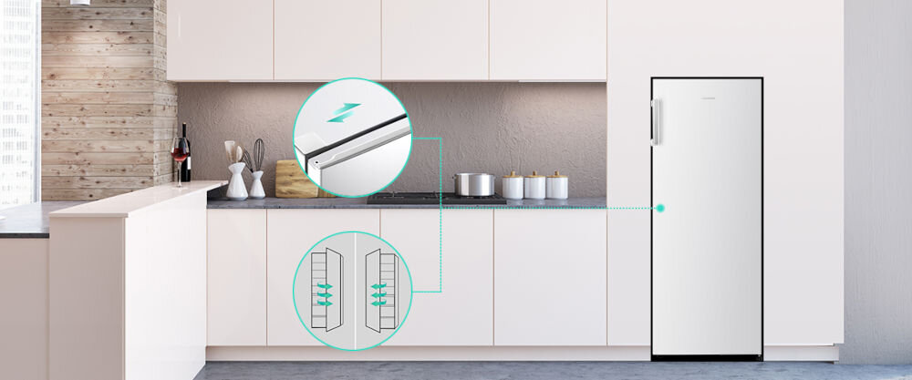 Lodówka HISENSE RL313D4AW1 143.4cm Biała lodówka we wnęce kuchennej ukazane przestawienie drzwi w lewo lub prawo  eleganckie funkcjonalne energooszczędne urządzenie chłodnicze odpowiednia pojemność funkcjonalność cicha praca w małych kuchniach w większych przestrzeniach design przemyślany układ wnętrza atrakcyjny wybór  