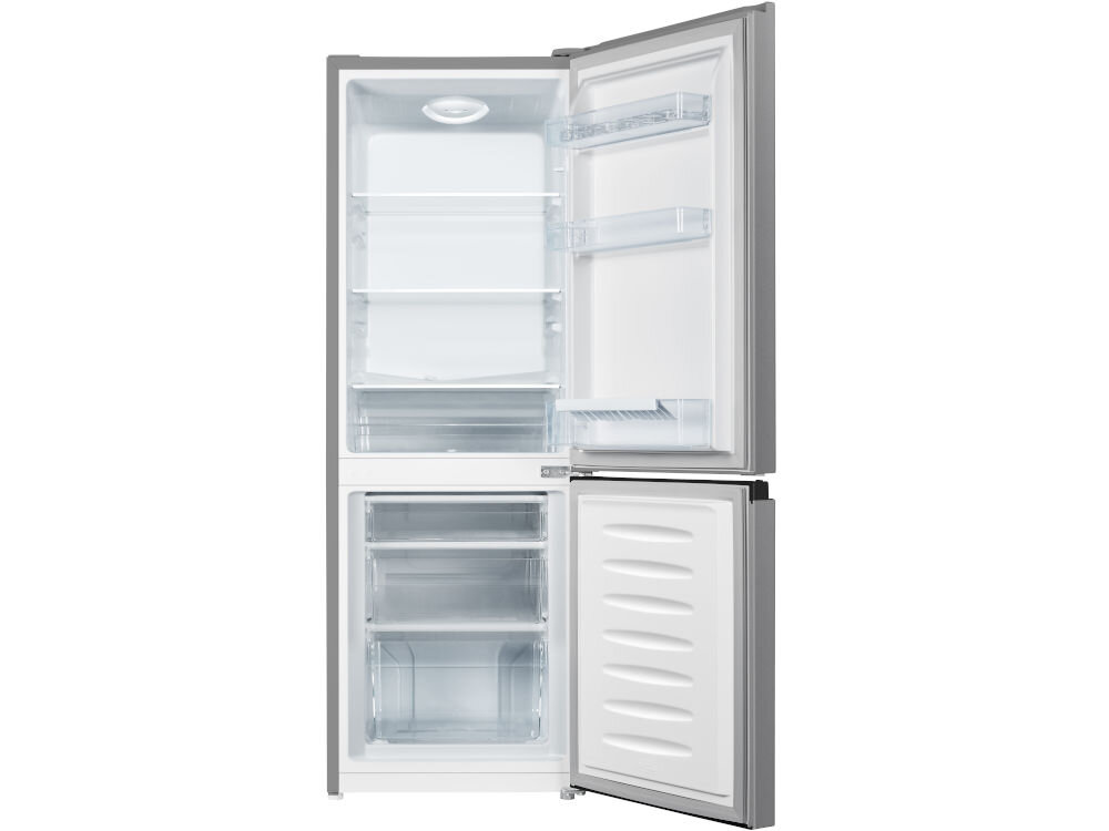 Lodówka HISENSE RB224D4BDE 143cm Srebrna otwarta lodówka światło półki szuflady w zamrażalniku przezroczyste białe tło klasa efektywności energetycznej E roczne zużycie na poziomie 195 kWh wydajność chłodzenia oszczędność energii czynnik chłodniczy R600a efektywny >przyjazny dla środowiska ekologiczny wybór