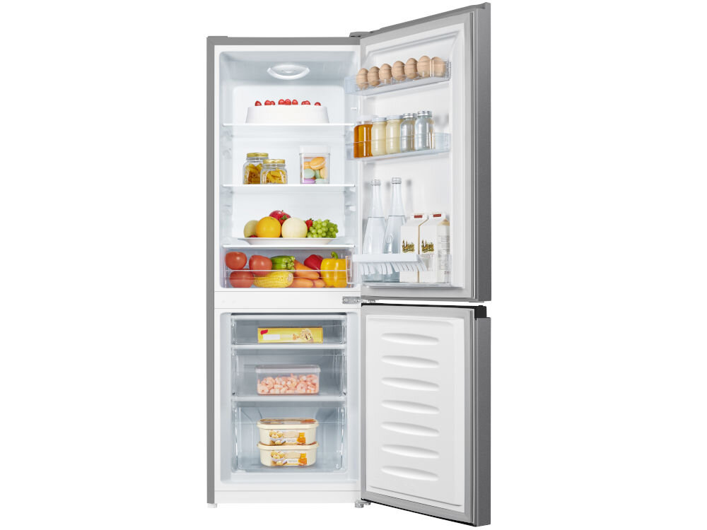 Lodówka HISENSE RB224D4BDE 143cm Srebrna otwarta lodówka wnętrze wypełnione żywnością półki szuflady białe tło eleganckie funkcjonalne energooszczędne urządzenie chłodnicze odpowiednia pojemność funkcjonalność cicha praca w małych kuchniach w większych przestrzeniach design przemyślany układ wnętrza atrakcyjny wybór  