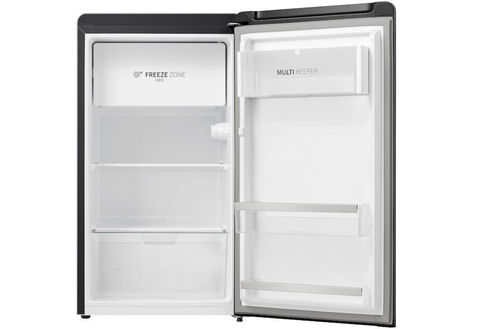 Lodówka HISENSE RR106D4CBE 86.7cm Czarna otwarta lodówka wnętrze białe półki szuflady białe tło klasa efektywności energetycznej E roczne zużycie na poziomie 125 kWh wydajność chłodzenia oszczędność energii