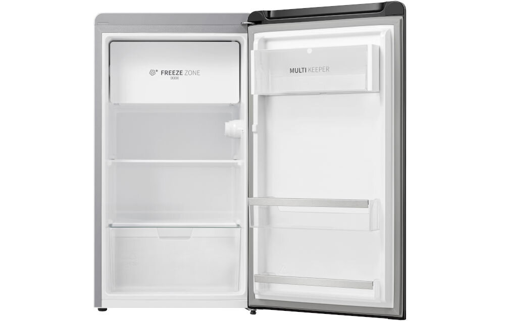 Lodówka HISENSE RR106D4CDE 86.7cm Srebrna otwarta lodówka wnętrze białe półki szuflady białe tło   klasa efektywności energetycznej E roczne zużycie na poziomie 125 kWh wydajność chłodzenia oszczędność energii 