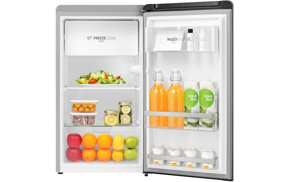 Lodówka HISENSE RR106D4CDE 86.7cm Srebrna lodówka otwarta biały środek wypełniona żywnością nóżki białe tło lodówka we wnęce kuchennej ukazane przestawienie drzwi w lewo lub prawo  eleganckie funkcjonalne energooszczędne urządzenie chłodnicze odpowiednia pojemność funkcjonalność cicha praca w małych kuchniach  design przemyślany układ wnętrza atrakcyjny wybór  