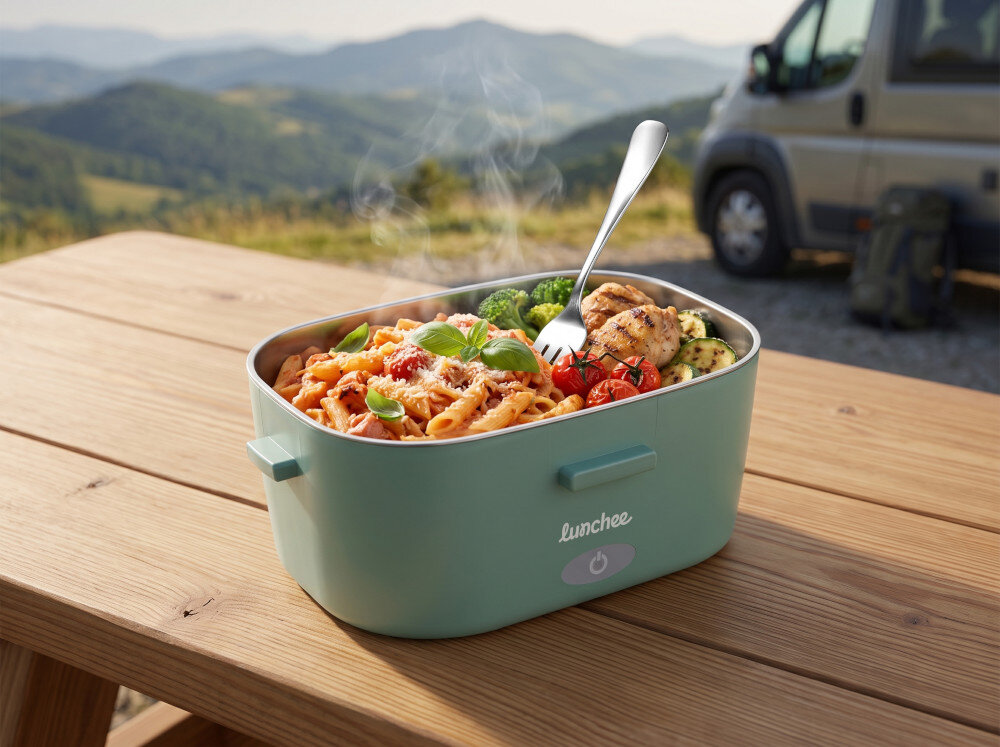 Na drewnianym stole stoi elektryczny lunch box w kolorze zielonym z napisem \'Lunchee\', wypełniony jedzeniem, z widoczną parą unoszącą się nad potrawą. W tle widać krajobraz górski i zaparkowany samochód.