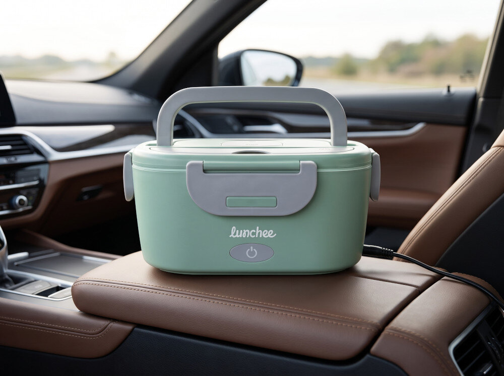 Zielony elektryczny lunch box z szarym uchwytem i napisem \'lunchee\' stoi na brązowym podłokietniku w samochodzie. Urządzenie jest podłączone do zasilania.