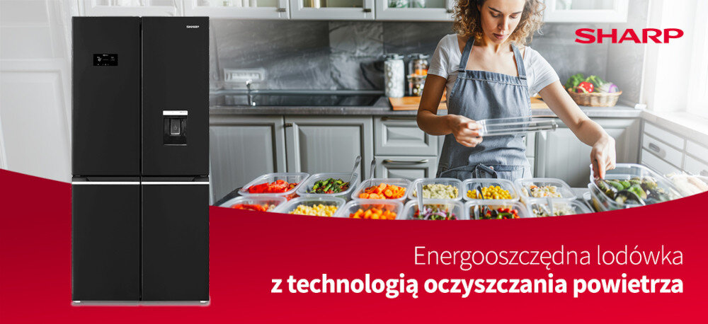 LODÓWKA SHARP SJ-NFA35IHDBD-EU System cyrkulacji powietrza AdvancedNoFrost Panel MetalCooling Efektywne chłodzeniem z kompresorem inwerterowym Moduł oczyszczający powietrze w chłodziarce Pojemność komory chłodzącej to aż 322 litry przechowywanie warzyw i owoców Dwufunkcyjna szuflada AdaptiZone Tryb szybkiego zamrażania Super Freeze Tryb szybkiego chłodzenia Tryb chłodzenia napojów kostkarka wewnątrz podajnik dystrybutor woda zimna chłodna kostki lodu