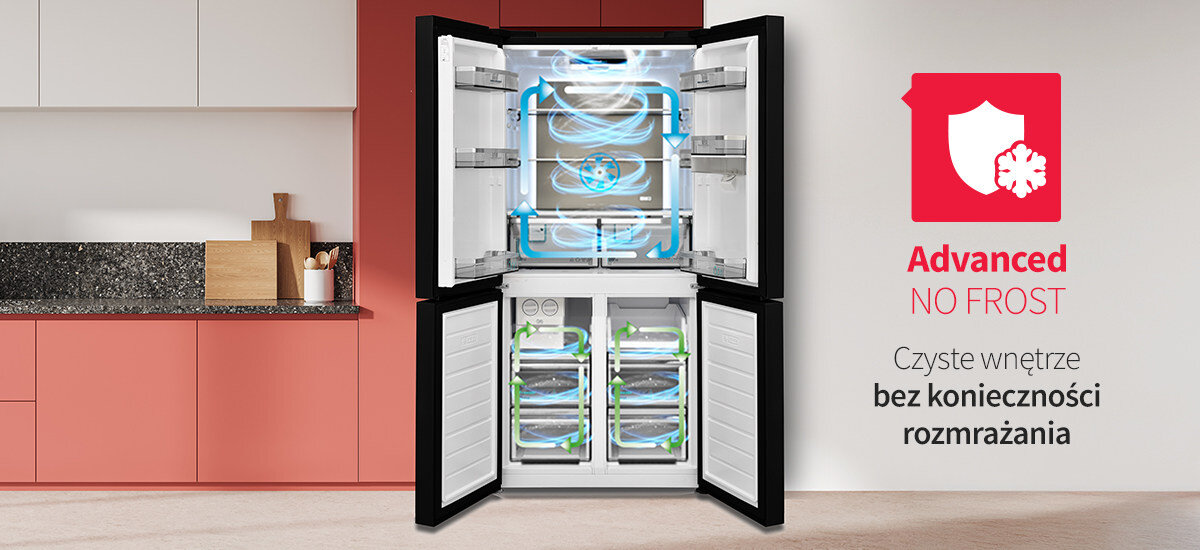 LODÓWKA SHARP SJ-NFA35IHXBD-EU wizualizacja zdjęcie lifestyle grafika otwarta lodówka półki szuflady kierunek przepływu powietrza chłodzenie AdvancedNoFrost niezależna cyrkulacja powietrza uniemożliwia przenoszenie zapachów między komorami niski pobór prądu