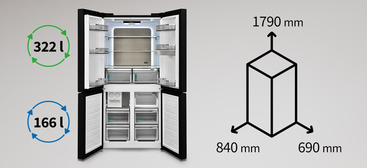 LODÓWKA SHARP SJ-NFA35IHXBD-EU wizualizacja zdjęcie lifestyle front otwarta rysunek z wymiarami pojemność wymiary wnętrze bardzo pojemna Zmieścisz więcej, niż myślisz