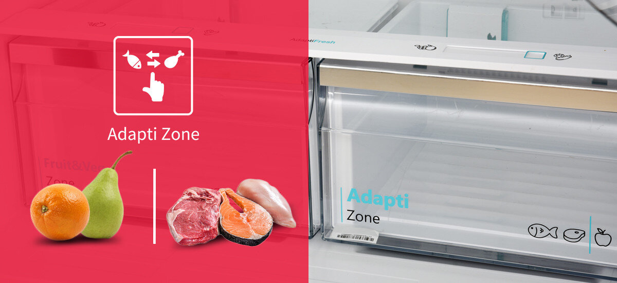 LODÓWKA SHARP SJ-NFA35IHXBD-EU wizualizacja zdjęcie lifestyle logo grafika szuflada otwarta suwak do regulacji Dwufunkcyjna szuflada AdaptiZone warzywa owoce mięso ryby zmiana ustawień