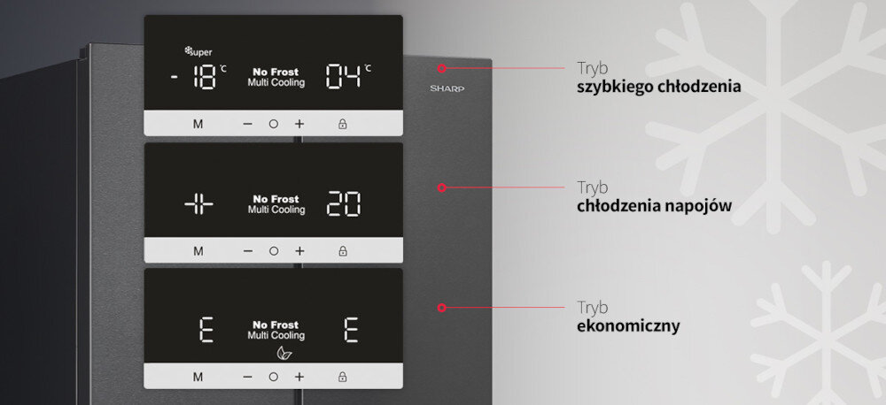 LODÓWKA SHARP SJ-NFA35IHDAD-EU wizualizacja zbliżenie panel sterowanie zewnętrzny ikony funkcje przyciski regulacja temperatury Szybko szybciej schłodzone Super Freeze szybkie zamrażanie zamrażanie dużej ilości żywności zamrażanie gotowych potraw szybkie chłodzenie szybkie schładzanie żywności i napojów chłodzenie napojów tryb chłodzenia orzeźwiające napoje szybka temperatura letnie zakupy wygodne rozwiązanie