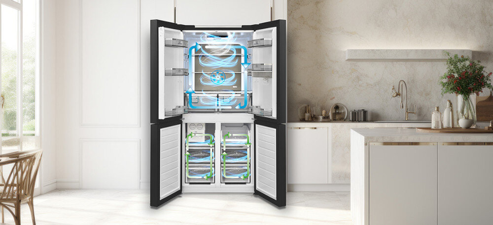 LODÓWKA SHARP SJ-NFA35IHDAD-EU wizualizacja kuchnia lodówka otwarta strzałki kierunki przepływu powietrza oznaczenia kolory puste wnętrze bez produktów chłodzenie AdvancedNoFrost niezależna cyrkulacja powietrza uniemożliwia przenoszenie zapachów między komorami niski pobór prądu