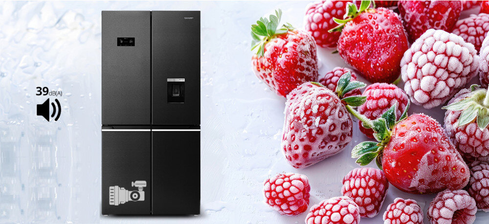 LODÓWKA SHARP SJ-NFA35IHDAD-EU wizualizacja front zamknięta ikona poziom głośności silnik w lodówce dolna część grafika truskawki maliny mrożone owoce chłodziarko-zamrażarka kompresor inwerterowy szybkie chłodzenie oszczędność energii cicha praca niski poziom hałasu 39 dB aneks kuchenny salon lodówka pojemność urządzenia