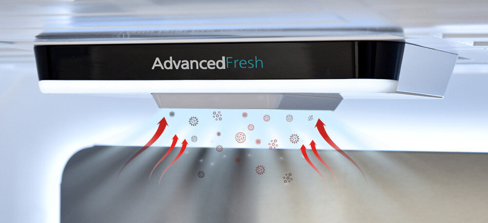 LODÓWKA SHARP SJ-NFA35IHDAD-EU wizualizacja chłodziarka górny filtr strzałki kierunki powietrze pochłanianie grafika bakterie lodówka czystość w lodówce higiena żywności moduł antybakteryjny filtr powietrza lampa UV LED AdvancedFresh usuwanie bakterii neutralizacja zapachów lotne związki organiczne czyste wnętrze chłodziarki bezpieczne przechowywanie żywności oczyszczanie powietrza komora chłodzenia