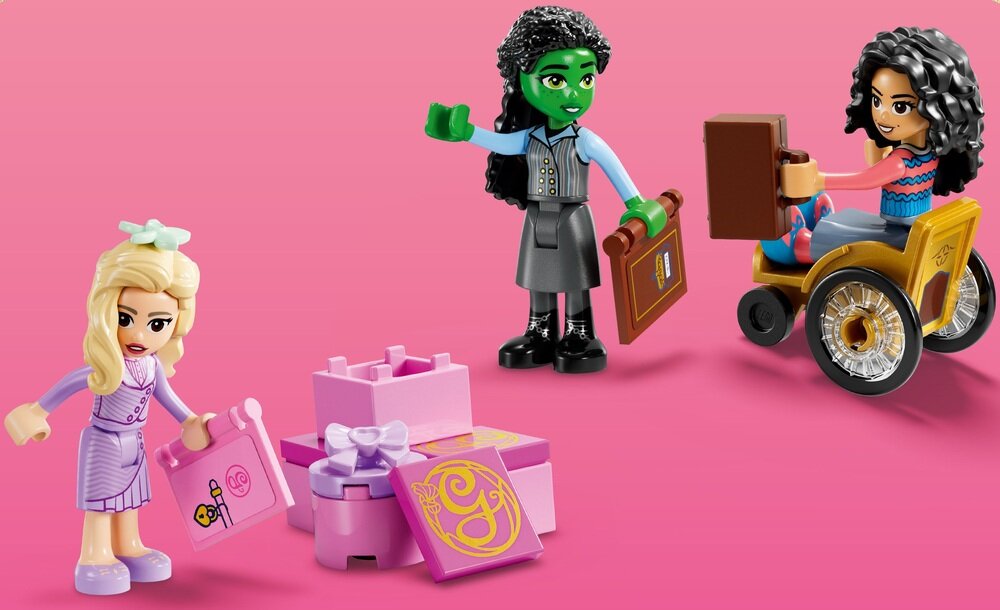 LEGO 75681 Wicked Glinda, Elphaba i Nessarose na Shiz University minilaleczki Glindy, Elphaby i Nessarose wymiary łódź Glindy, dziennik Elphaby
