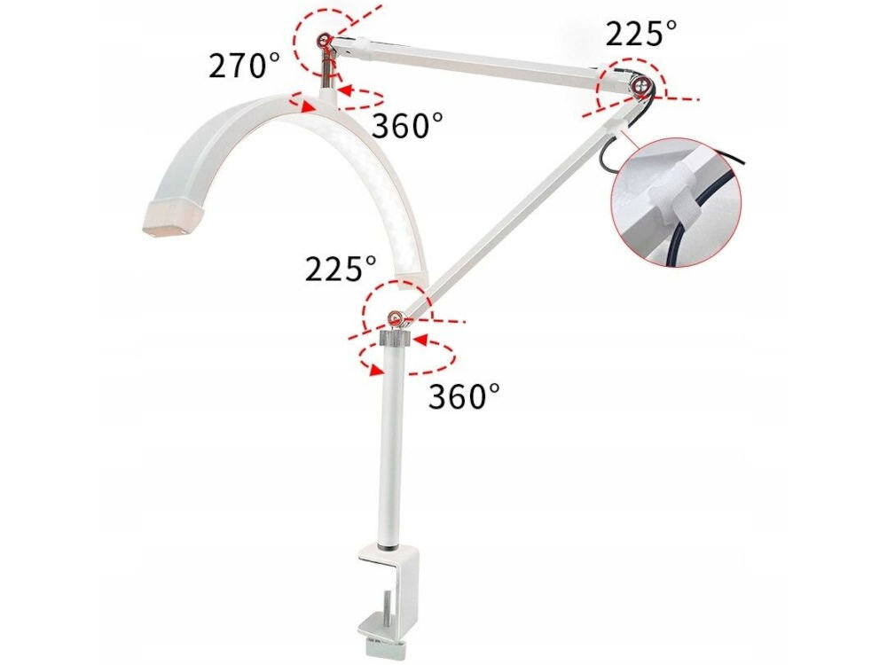 Lampa LED do paznokci MICHAEL MARINELLI C180 Czarny biała lampa pokazana regulacja białe tło elastyczny system regulacji maksymalna funkcjonalność ramię składa się z dwóch przegubowych części przechylenie w zakresie 225° i 270° płynne dostosowanie położenia głowica lampy obraca się o pełne 360° mobilność precyzyjne ustawienie lampy