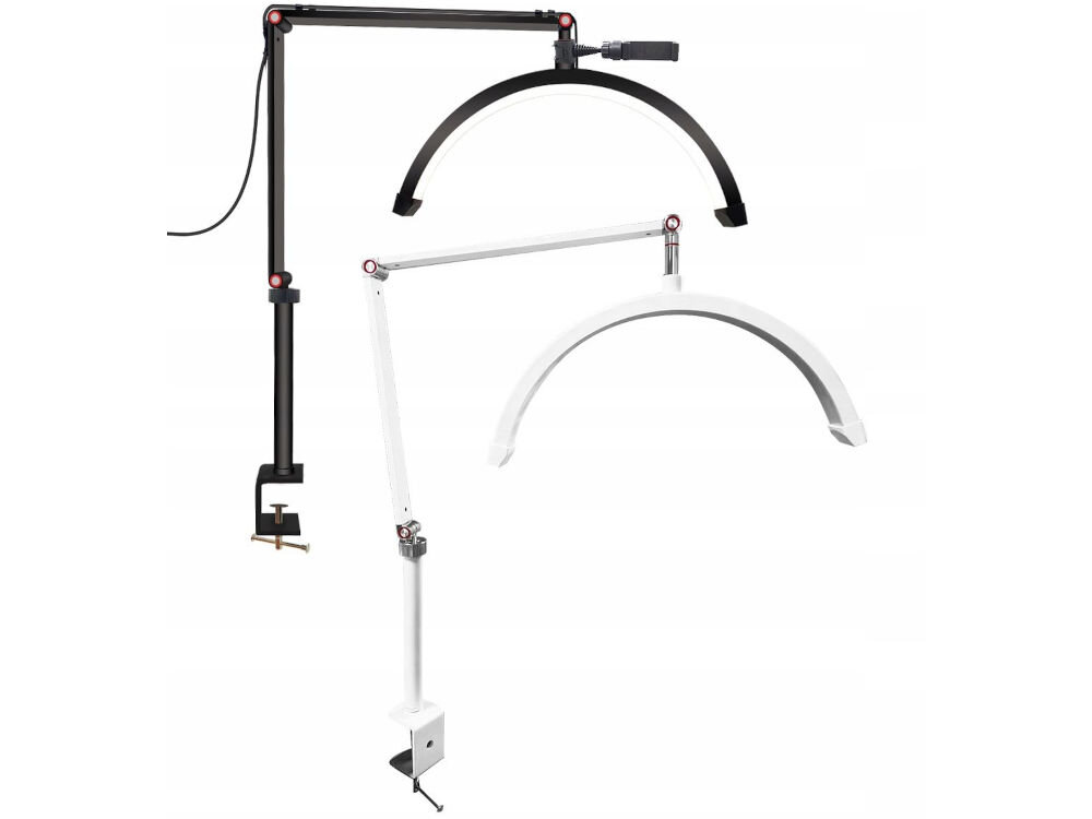 Lampa LED do paznokci MICHAEL MARINELLI C180 Biały dwie lampy czarna biała czarna z doczepionym uchwytem imadła białe tło funkcjonalność estetyka aluminiowa konstrukcja stabilność trwałość matowe wykończenie z subtelnymi srebrnymi detalami elegancki wygląd salon kosmetyczny, gabinet lekarski studio tatuażu praktyczne narzędzie stylowy dodatek