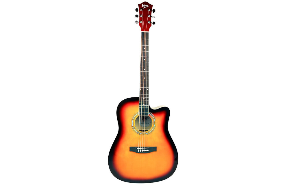 Gitara akustyczna V-TONE AG TWO wszechstronne zastosowanie, przenośna i wygodna do nauki i występów, gitara akustyczna od frontu na białym tle