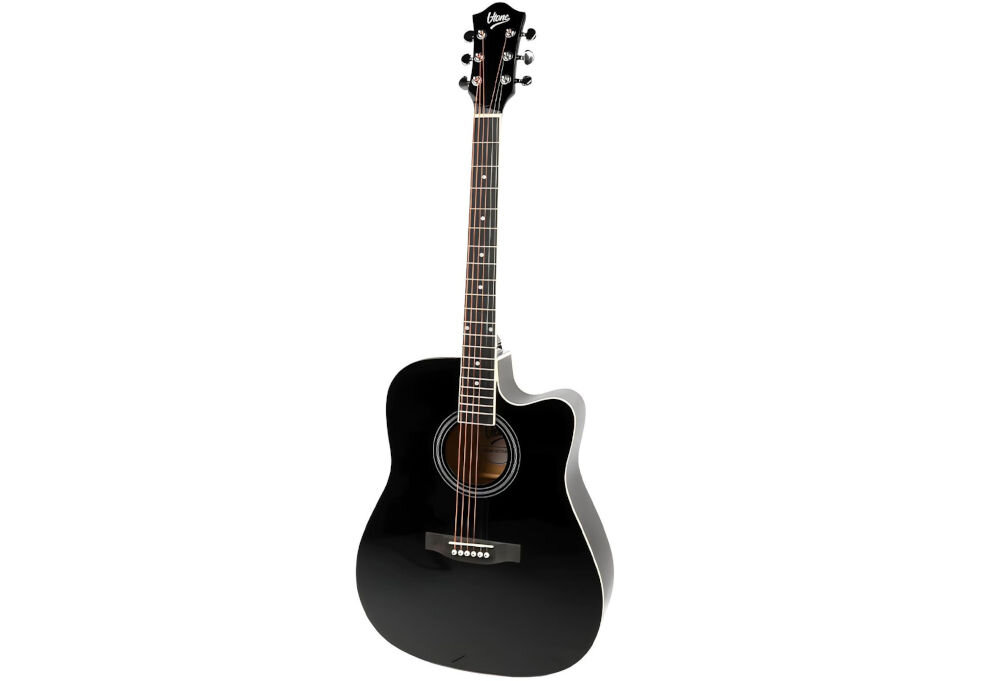 Gitara akustyczna V-TONE AG TWO gryf okoume podstrunnica drewno techniczne pręt regulacyjny, gitara akustyczna po skosie na białym tle