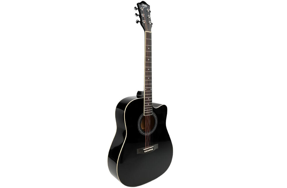 Gitara akustyczna V-TONE AG TWO struny stalowe klucze chromowane mostek orzech pokrowiec, gitara akustyczna po skosie na białym tle